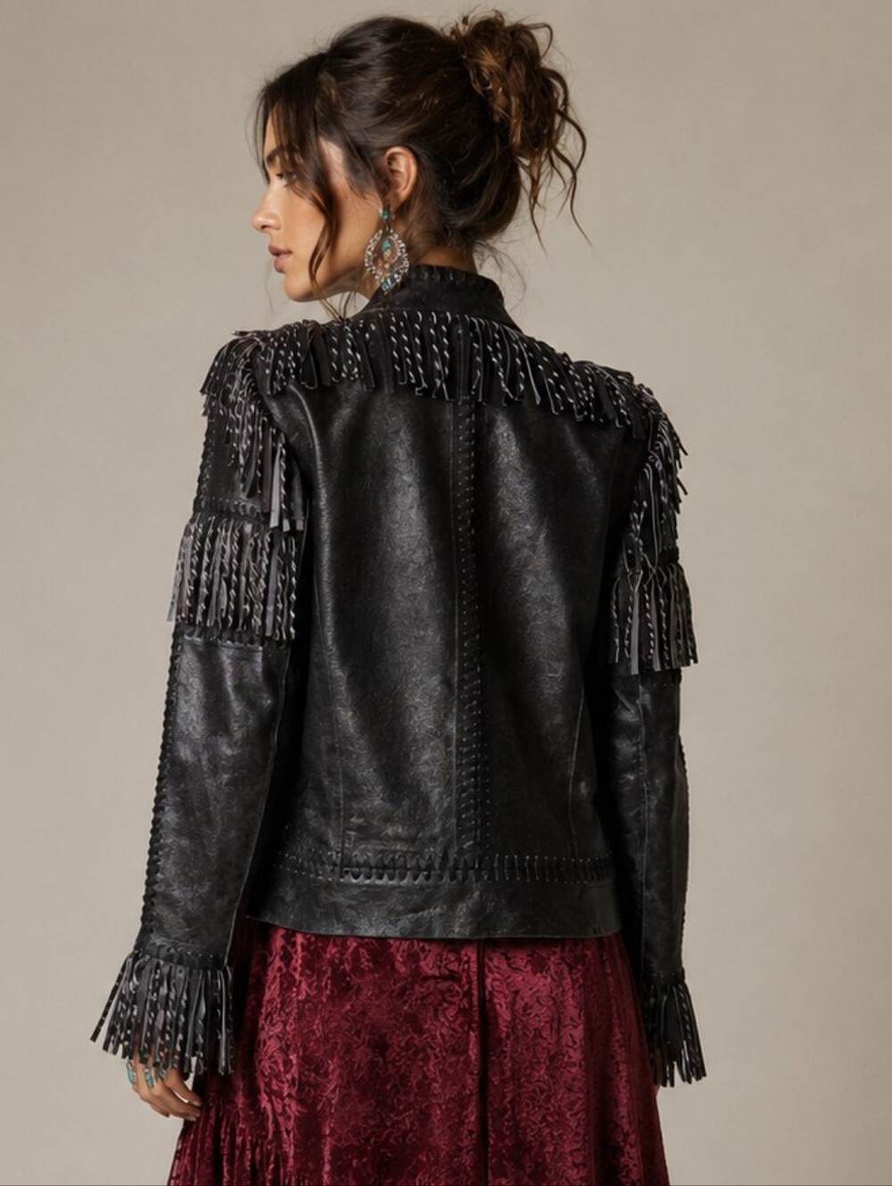 NWOT Vntg Double D Ranch Paint Your Wagon Black Leather Fringe Whipstitch Jacket - Picture 2 of 12